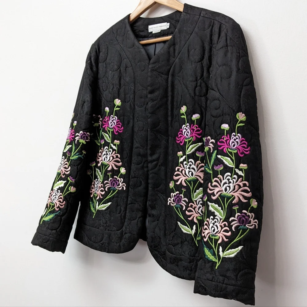 Stunning Garfield & Marks Black Quilted Floral Embroidery Open Jacket - Picture 3 of 13
